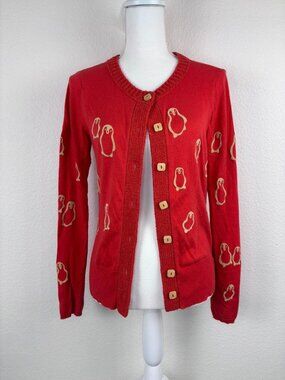 Anthropologie Field Flower medium red whimsical penguin cardigan sweater casual